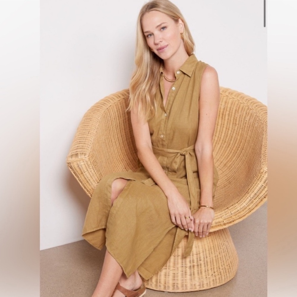 FAHERTY Linen Laguna Sleeveless Shirt Dress Sz M Dull Gold Neutral Midi Preppy - Picture 6 of 10